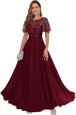 Women's Sequin Lace Mother of The Bride Dresses for Wedding Short Sleeve Formal Evening Gowns with Pockets