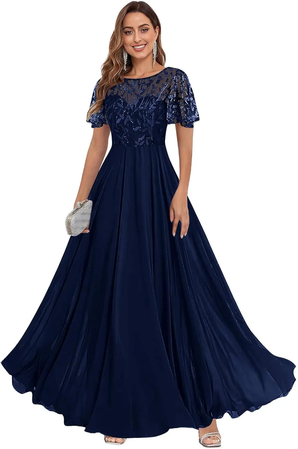 Women's Sequin Lace Mother of The Bride Dresses for Wedding Short Sleeve Formal Evening Gowns with Pockets