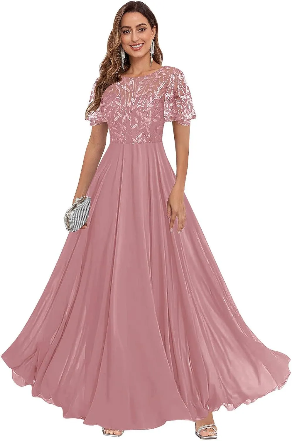 Women's Sequin Lace Mother of The Bride Dresses for Wedding Short Sleeve Formal Evening Gowns with Pockets