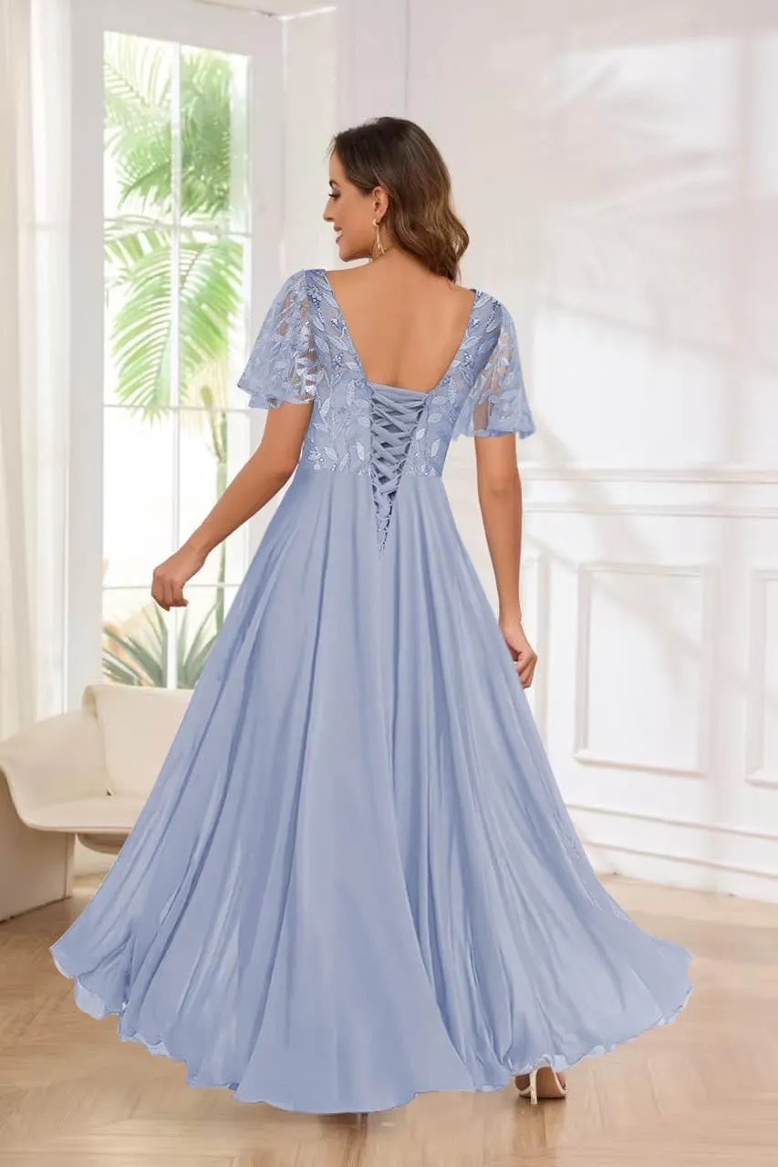 Women's Sequin Lace Mother of The Bride Dresses for Wedding Short Sleeve Formal Evening Gowns with Pockets
