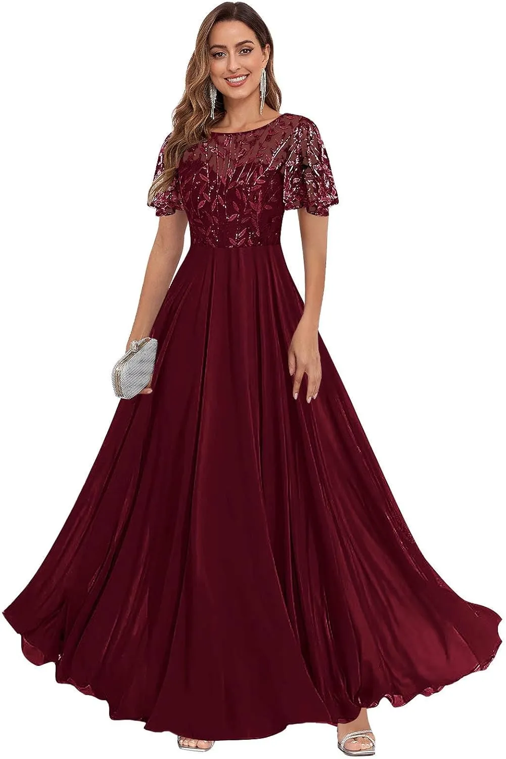 Women's Sequin Lace Mother of The Bride Dresses for Wedding Short Sleeve Formal Evening Gowns with Pockets