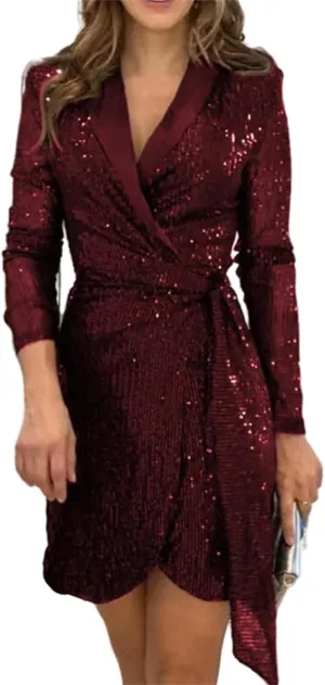 Women's Sexy One Shoulder Half Short Sleeve Wrap Bodycon Midi Party Club Dress Sparkly Sequin Shirt Mini Dress