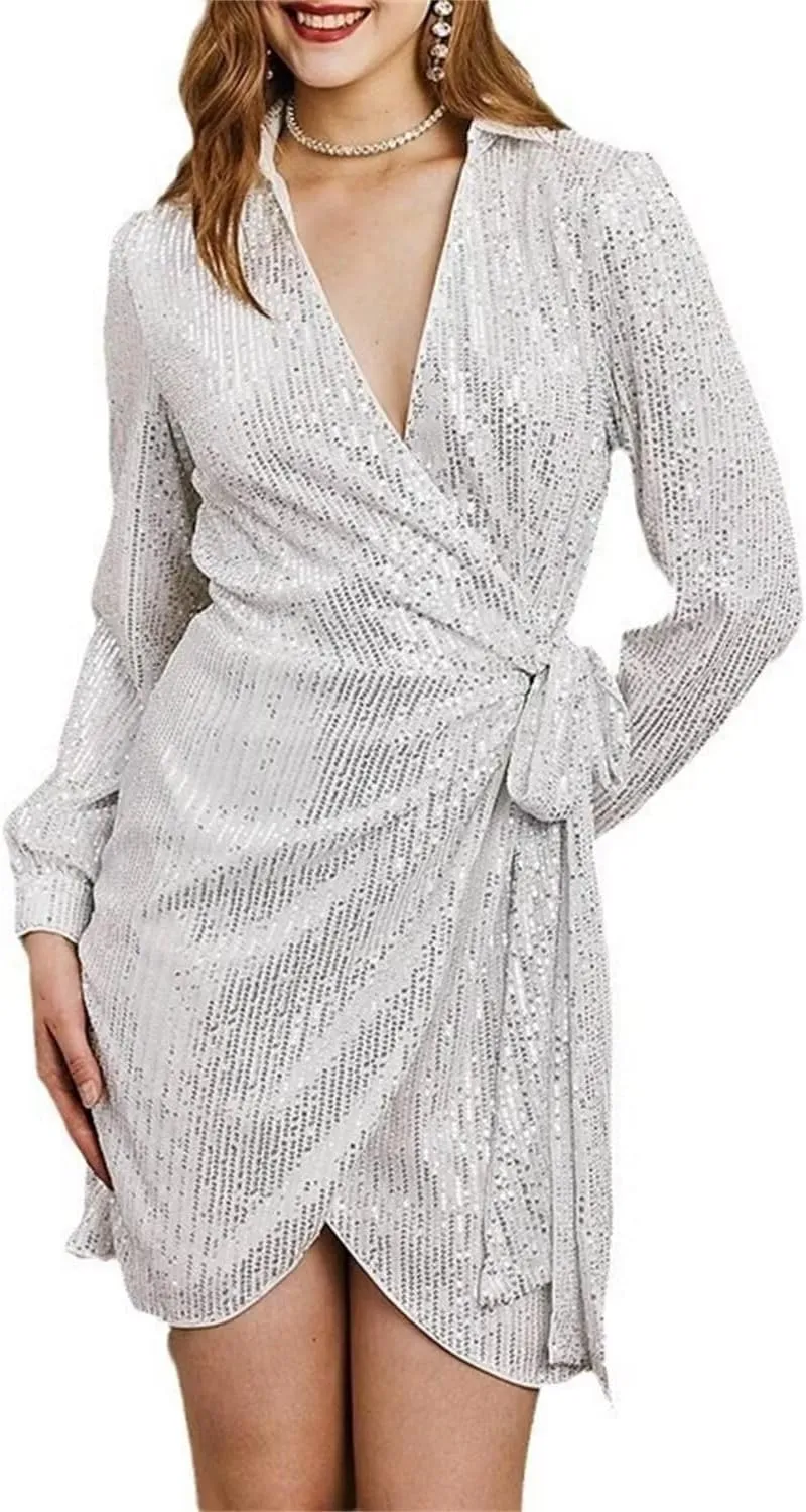 Women's Sexy One Shoulder Half Short Sleeve Wrap Bodycon Midi Party Club Dress Sparkly Sequin Shirt Mini Dress