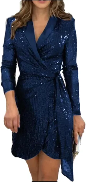 Women's Sexy One Shoulder Half Short Sleeve Wrap Bodycon Midi Party Club Dress Sparkly Sequin Shirt Mini Dress