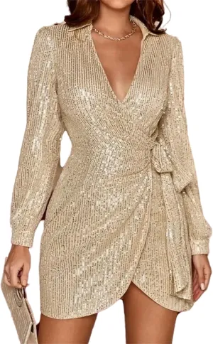 Women's Sexy One Shoulder Half Short Sleeve Wrap Bodycon Midi Party Club Dress Sparkly Sequin Shirt Mini Dress