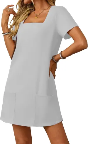Women's Sexy Square Neck Sundresses Casual Summer Short Sleeve A Line Dresses Athletic Tennis Mini Dress