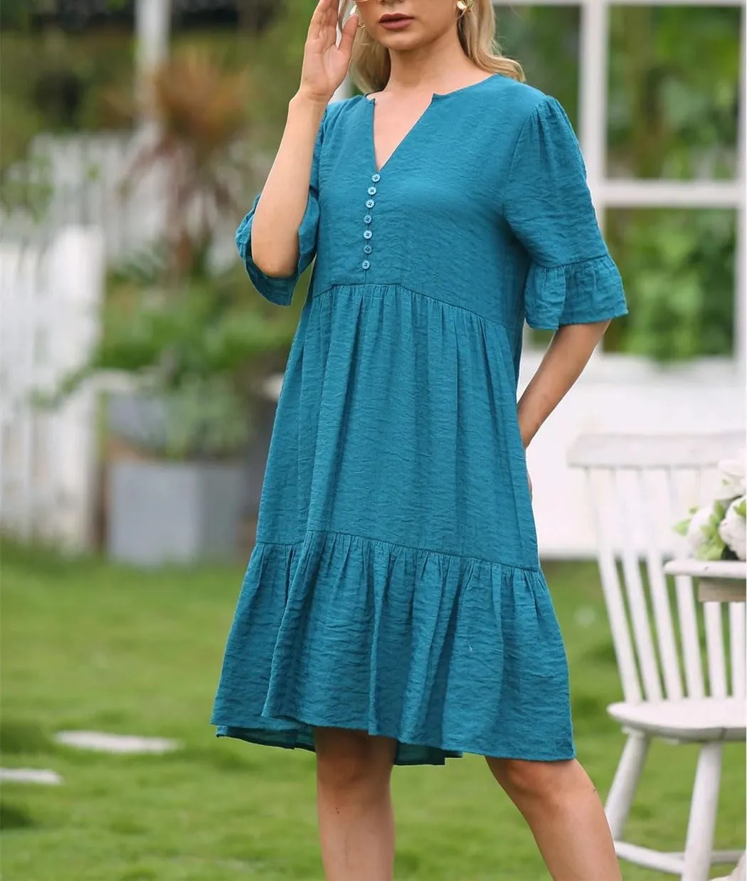 Women's Short Sleeve Ruffle Dress Summer Solid Color V Neck A Line Dresses Loose Swing Mini Dress