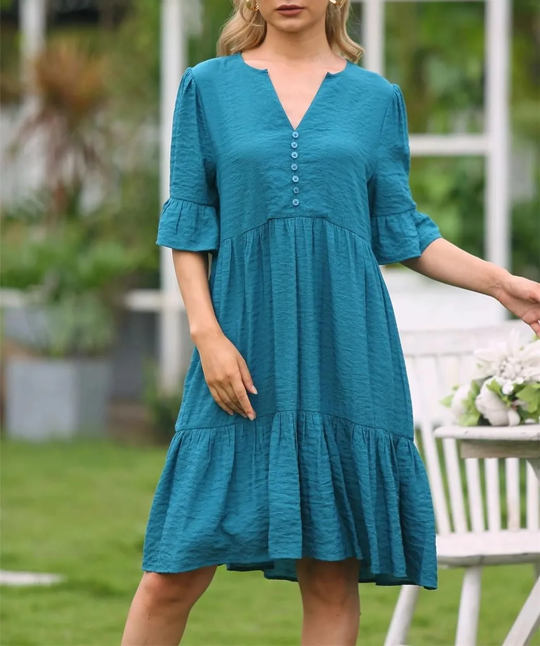 Women's Short Sleeve Ruffle Dress Summer Solid Color V Neck A Line Dresses Loose Swing Mini Dress
