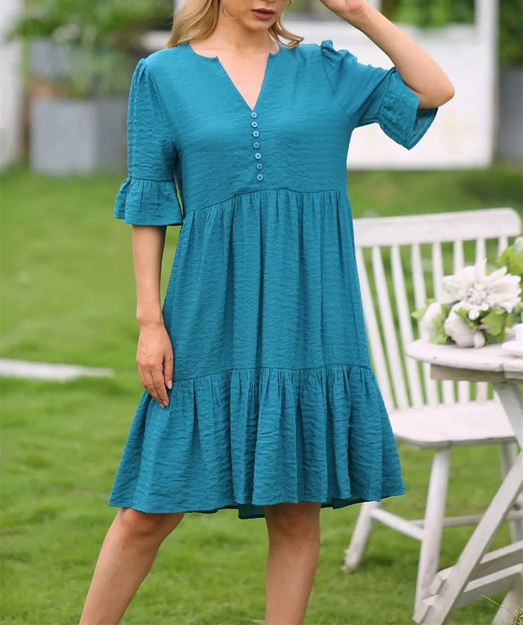 Women's Short Sleeve Ruffle Dress Summer Solid Color V Neck A Line Dresses Loose Swing Mini Dress