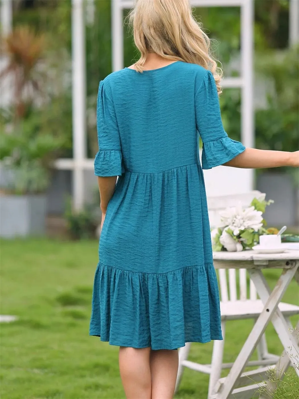 Women's Short Sleeve Ruffle Dress Summer Solid Color V Neck A Line Dresses Loose Swing Mini Dress