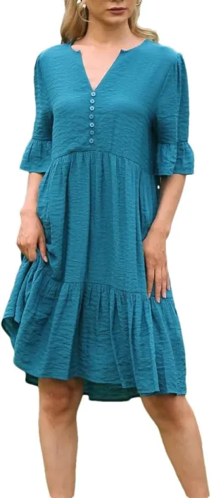 Women's Short Sleeve Ruffle Dress Summer Solid Color V Neck A Line Dresses Loose Swing Mini Dress