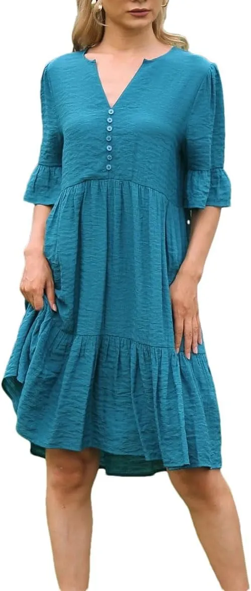 Women's Short Sleeve Ruffle Dress Summer Solid Color V Neck A Line Dresses Loose Swing Mini Dress