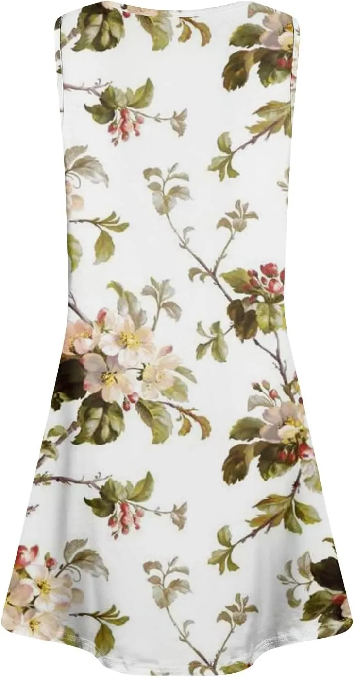 Women's Sleeveless Floral Print Casual A-Line Dress with Pockets, Summer Summer for Beach and Everyday Wear