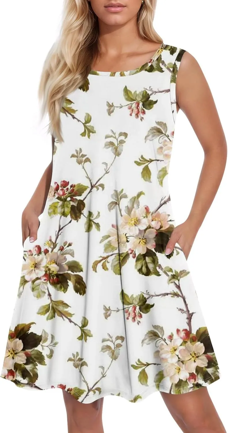 Women's Sleeveless Floral Print Casual A-Line Dress with Pockets, Summer Summer for Beach and Everyday Wear