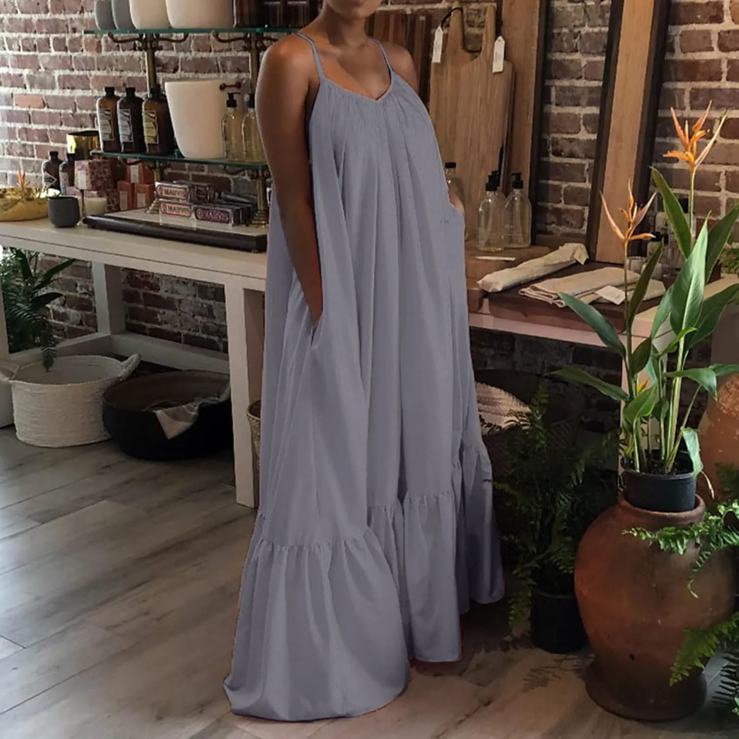 Womens Sleeveless Maxi Dress Sexy Spaghetti Strap Smocked Ruffle Sundress Backless Loose Swing Long Beach Dress