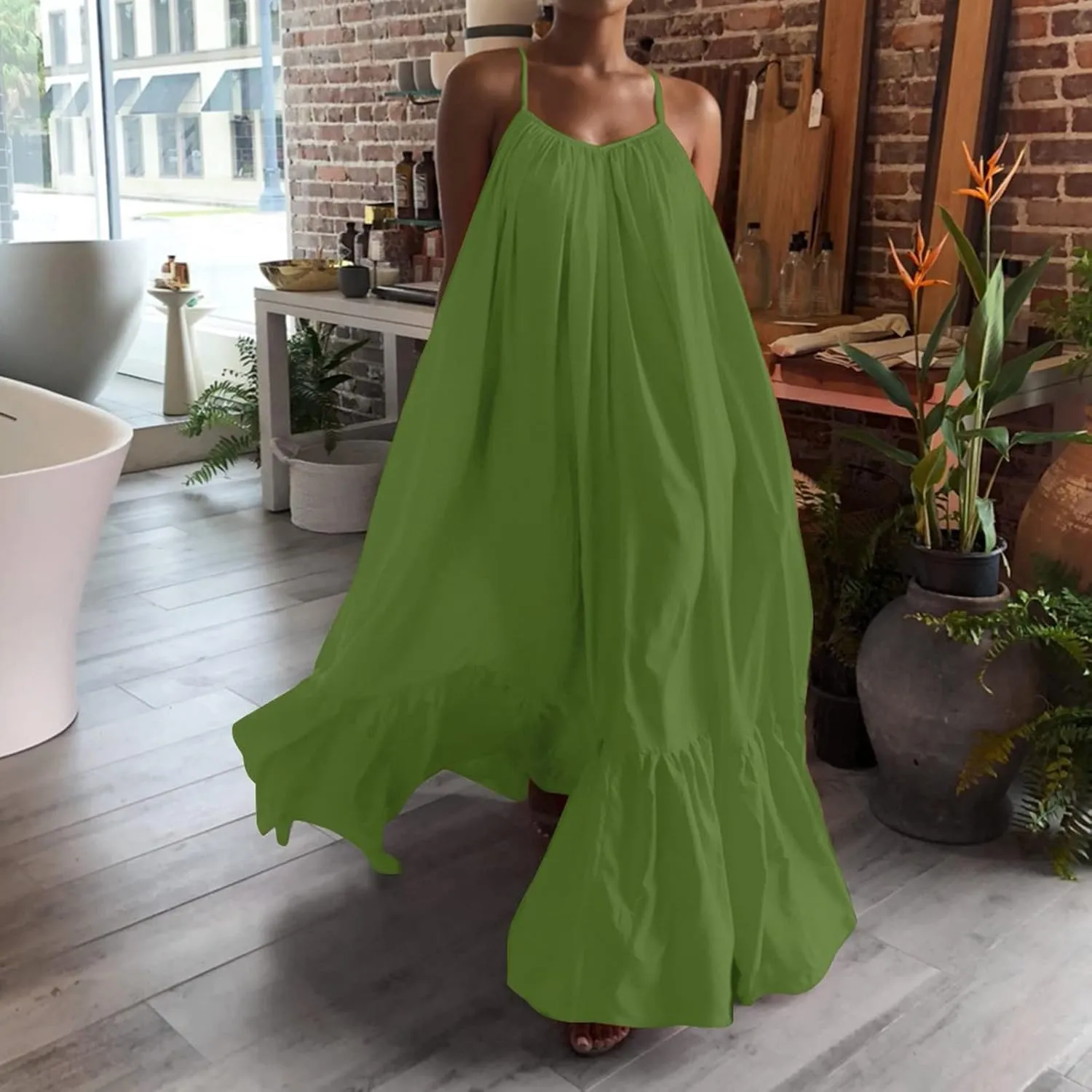 Womens Sleeveless Maxi Dress Sexy Spaghetti Strap Smocked Ruffle Sundress Backless Loose Swing Long Beach Dress