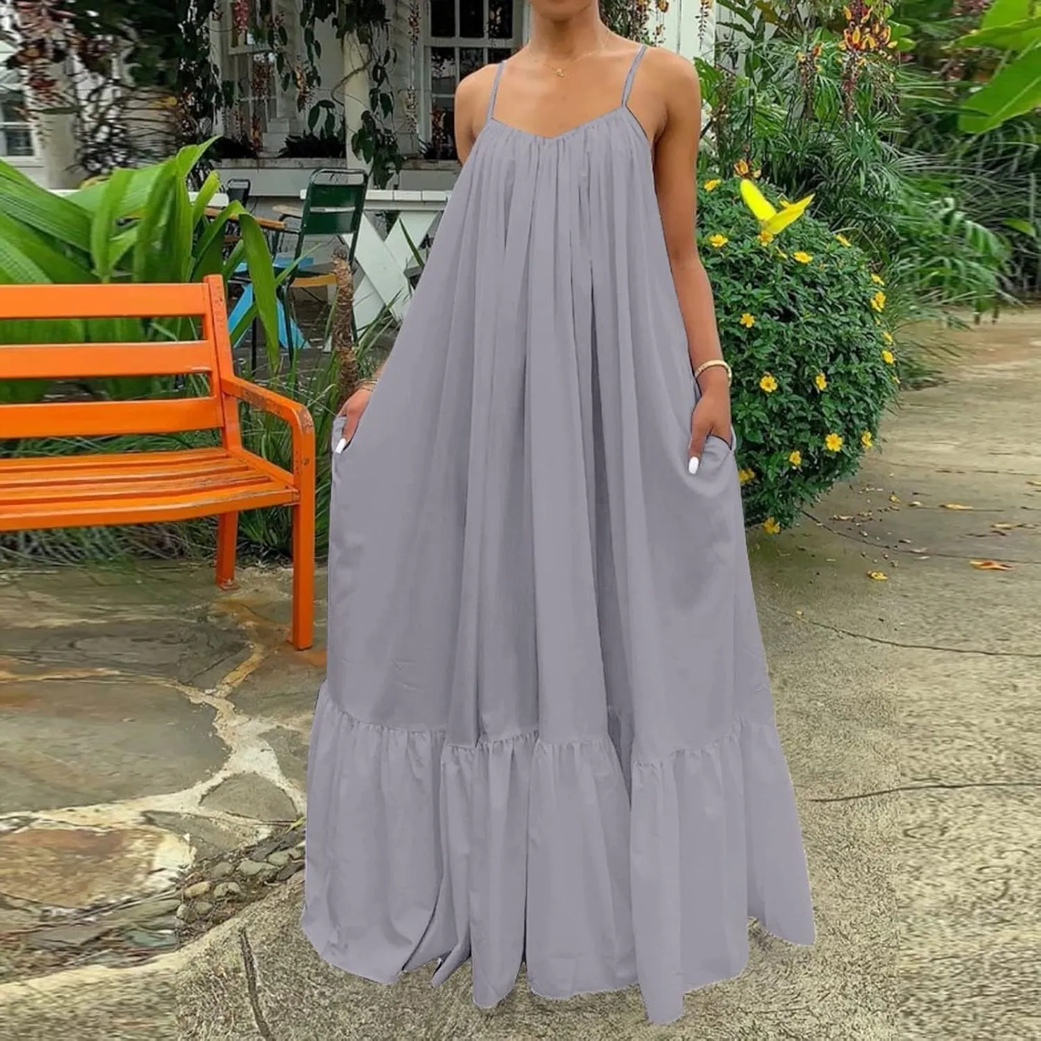 Womens Sleeveless Maxi Dress Sexy Spaghetti Strap Smocked Ruffle Sundress Backless Loose Swing Long Beach Dress