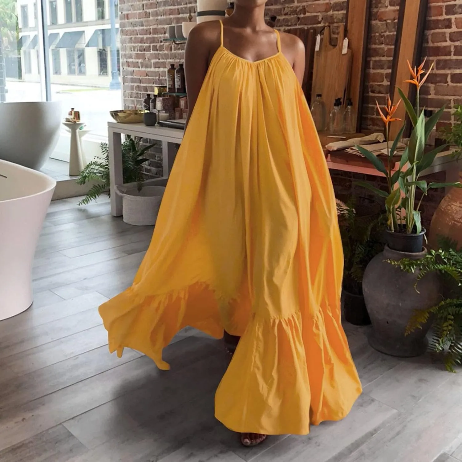 Womens Sleeveless Maxi Dress Sexy Spaghetti Strap Smocked Ruffle Sundress Backless Loose Swing Long Beach Dress