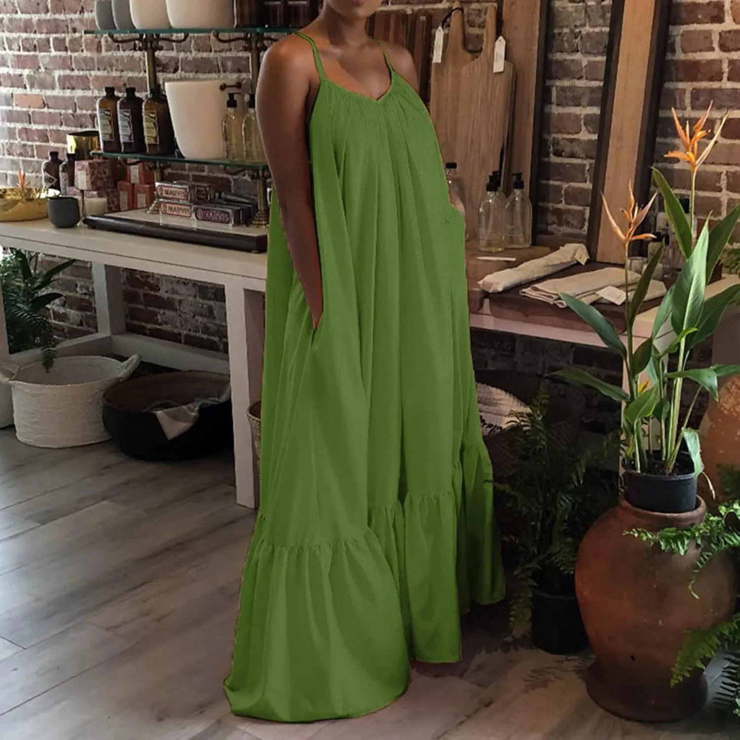 Womens Sleeveless Maxi Dress Sexy Spaghetti Strap Smocked Ruffle Sundress Backless Loose Swing Long Beach Dress