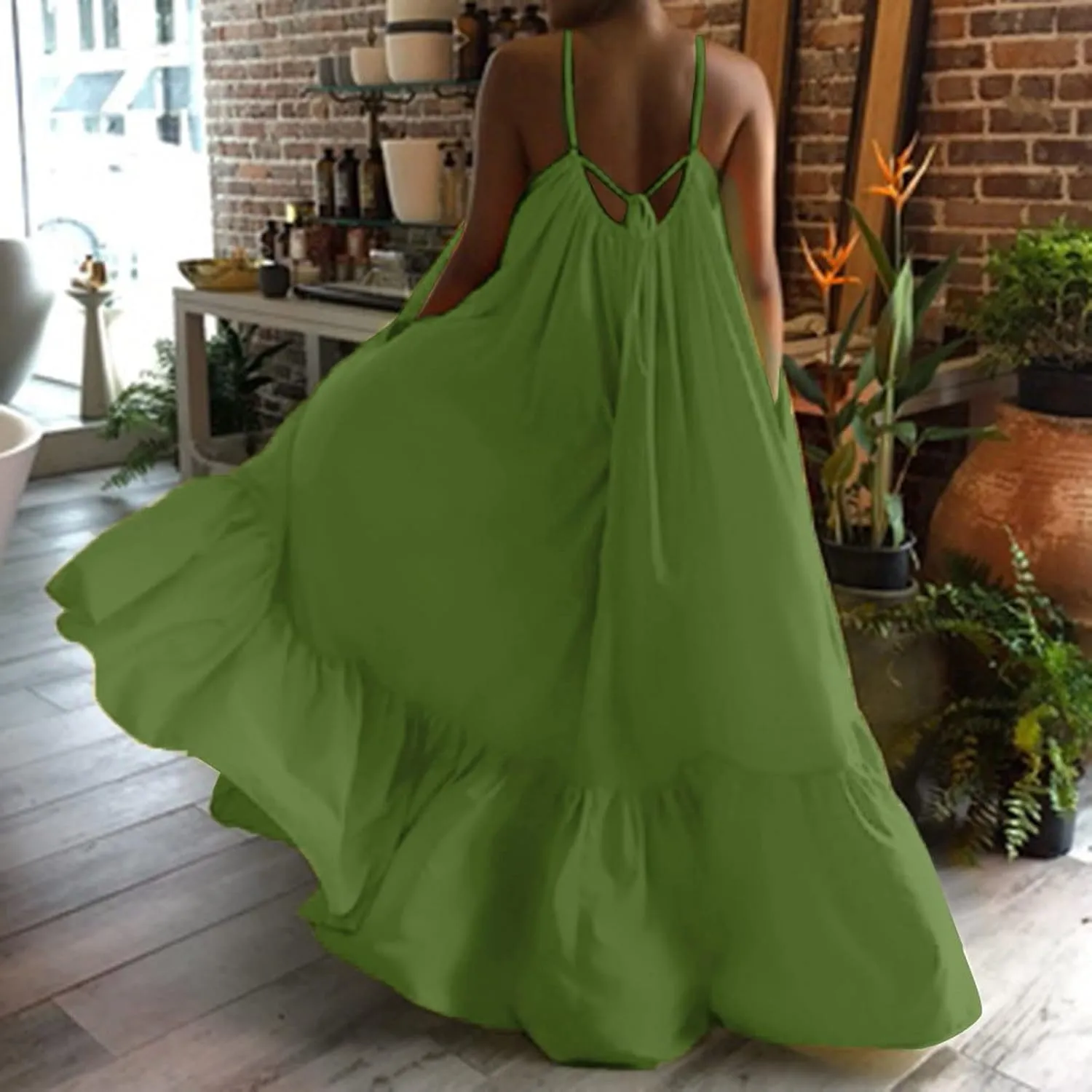 Womens Sleeveless Maxi Dress Sexy Spaghetti Strap Smocked Ruffle Sundress Backless Loose Swing Long Beach Dress