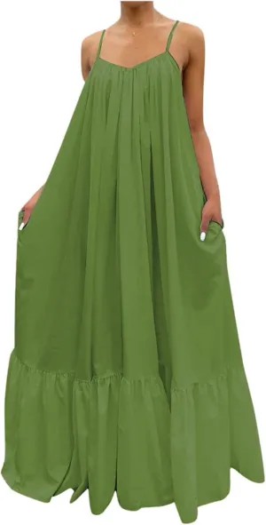 Womens Sleeveless Maxi Dress Sexy Spaghetti Strap Smocked Ruffle Sundress Backless Loose Swing Long Beach Dress