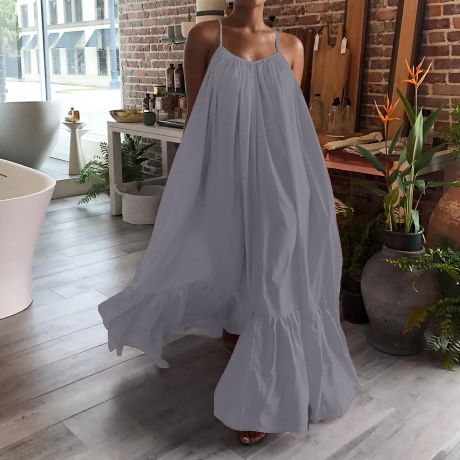 Womens Sleeveless Maxi Dress Sexy Spaghetti Strap Smocked Ruffle Sundress Backless Loose Swing Long Beach Dress