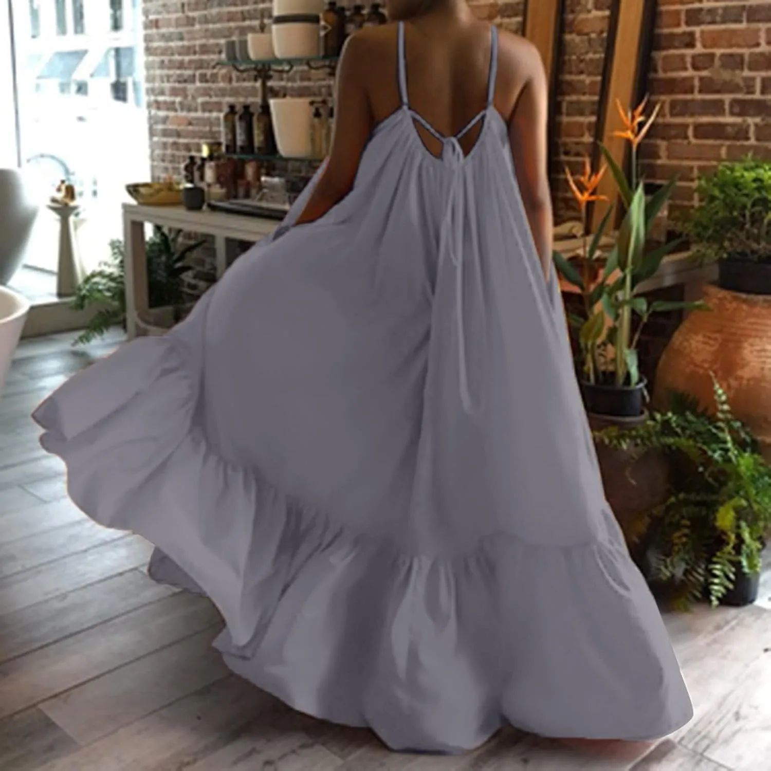 Womens Sleeveless Maxi Dress Sexy Spaghetti Strap Smocked Ruffle Sundress Backless Loose Swing Long Beach Dress
