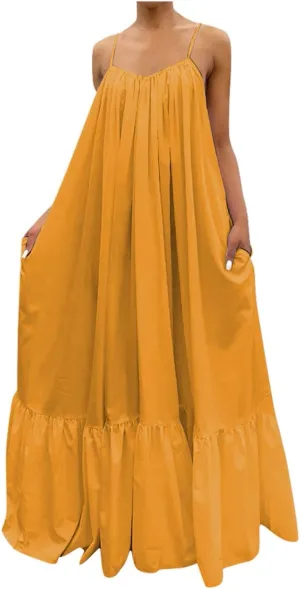 Womens Sleeveless Maxi Dress Sexy Spaghetti Strap Smocked Ruffle Sundress Backless Loose Swing Long Beach Dress