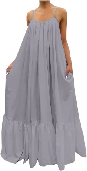 Womens Sleeveless Maxi Dress Sexy Spaghetti Strap Smocked Ruffle Sundress Backless Loose Swing Long Beach Dress