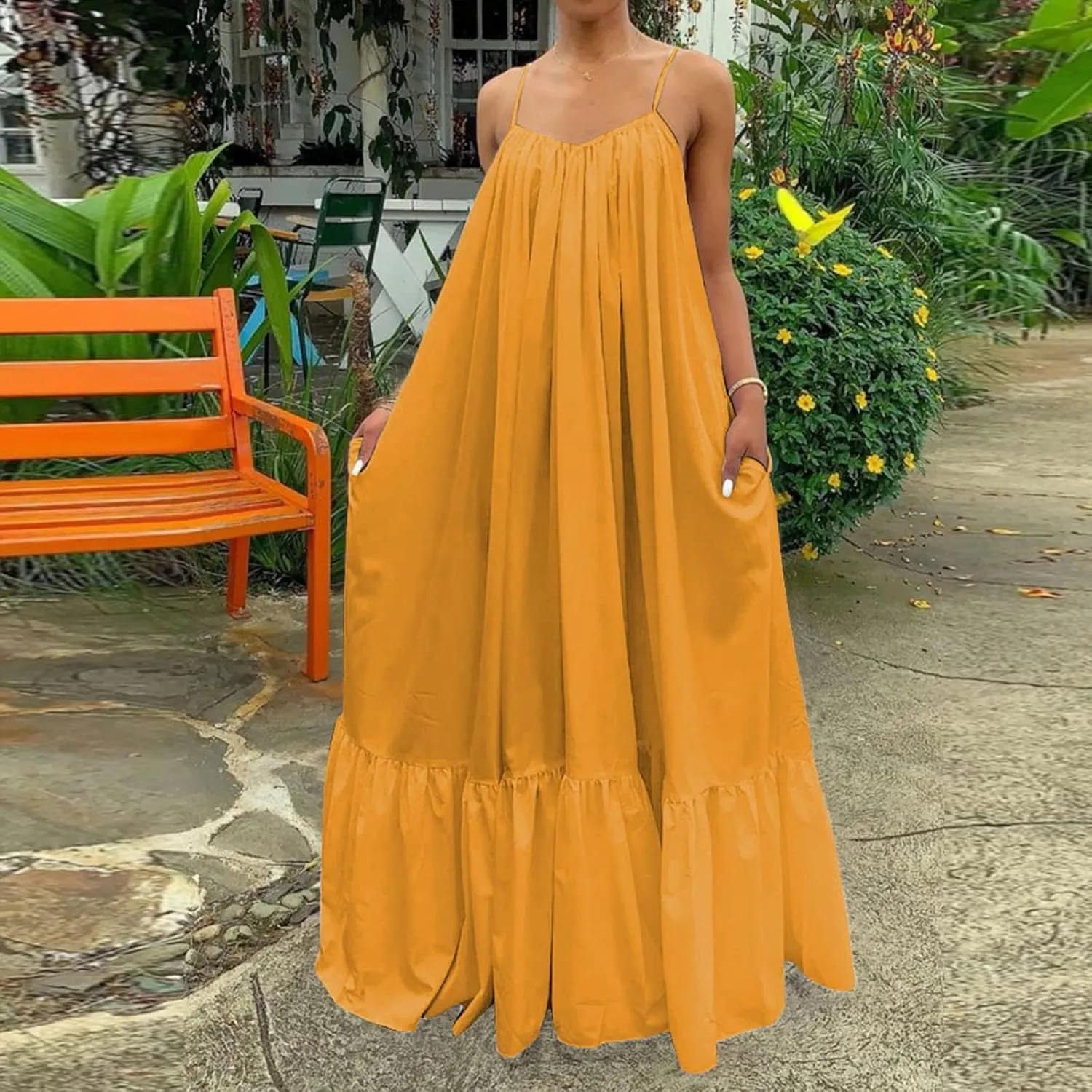 Womens Sleeveless Maxi Dress Sexy Spaghetti Strap Smocked Ruffle Sundress Backless Loose Swing Long Beach Dress