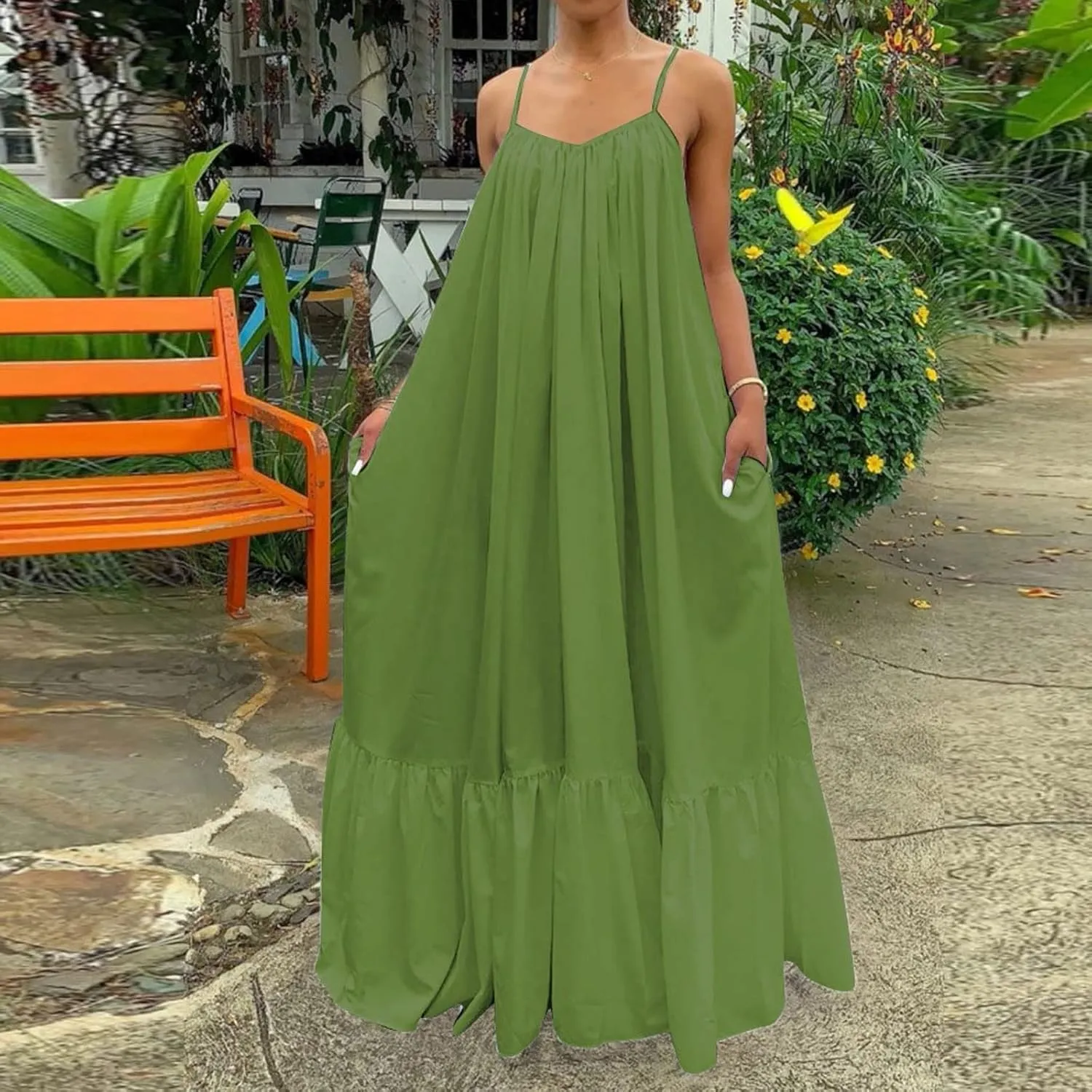 Womens Sleeveless Maxi Dress Sexy Spaghetti Strap Smocked Ruffle Sundress Backless Loose Swing Long Beach Dress