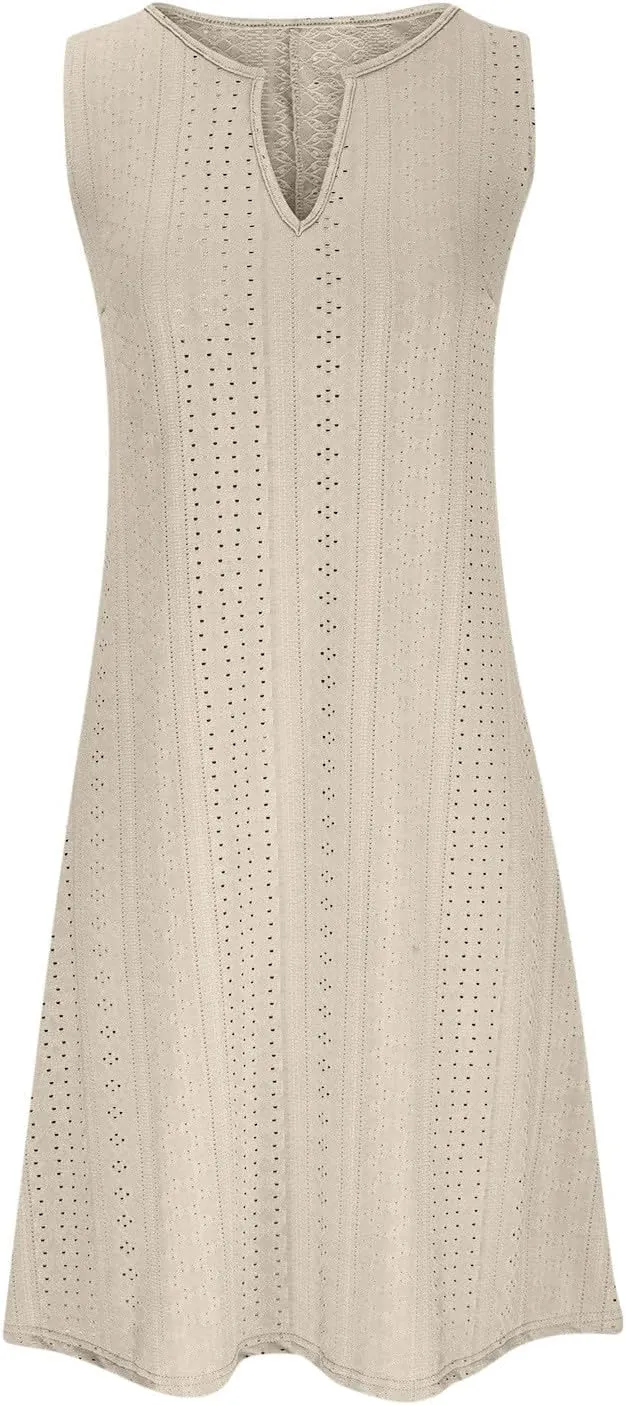 Women's Sleeveless V Neck Eyelet Dress Summer Casual Loose Fit Midi Sundress Elegant Beach Vacation Outfit