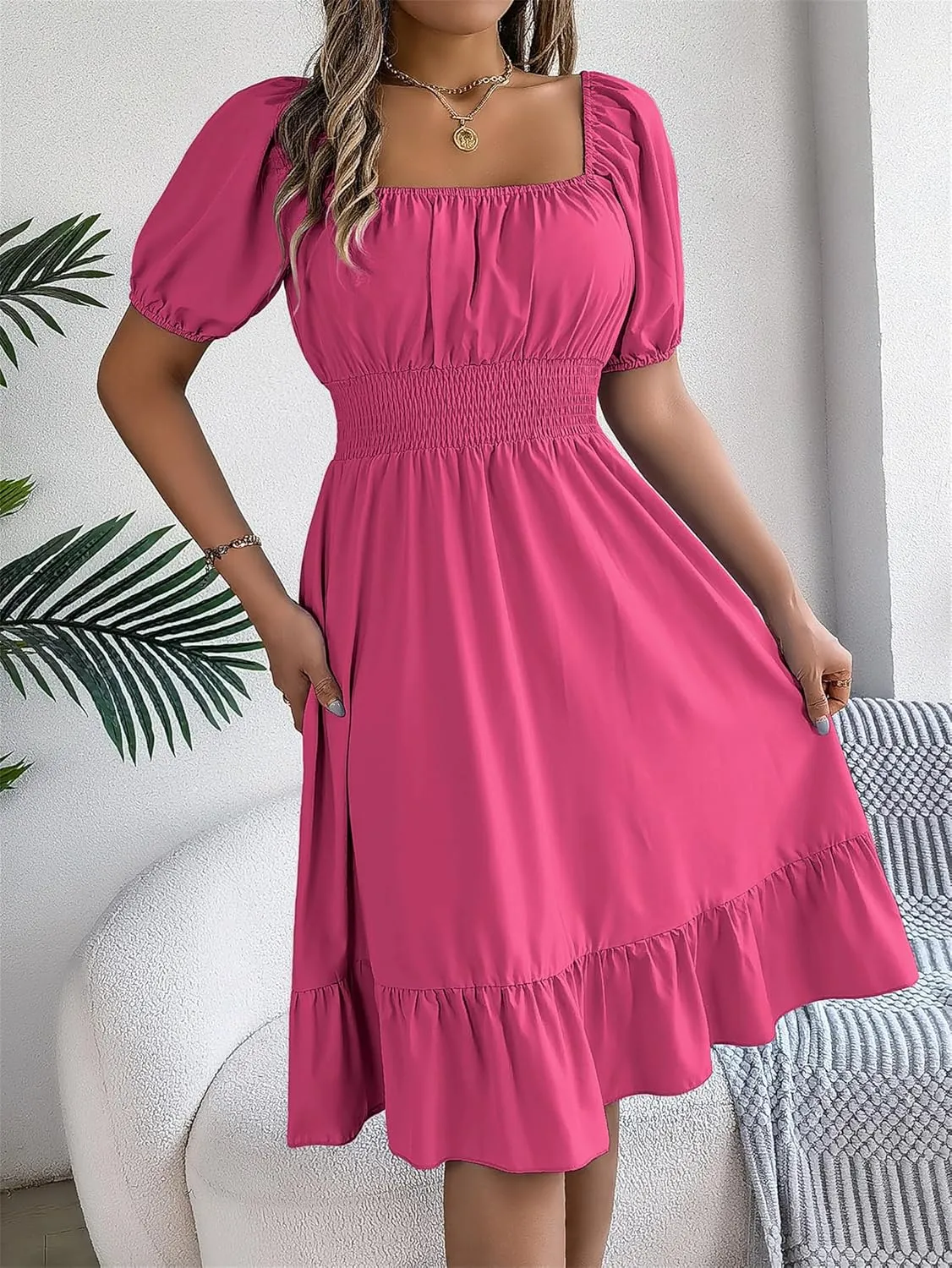 Women's Smocked Short Dress 2024 Casual Puff Short Sleeve Square Neck Ruffle Hem Midi Dress Beach Sundresses for Women