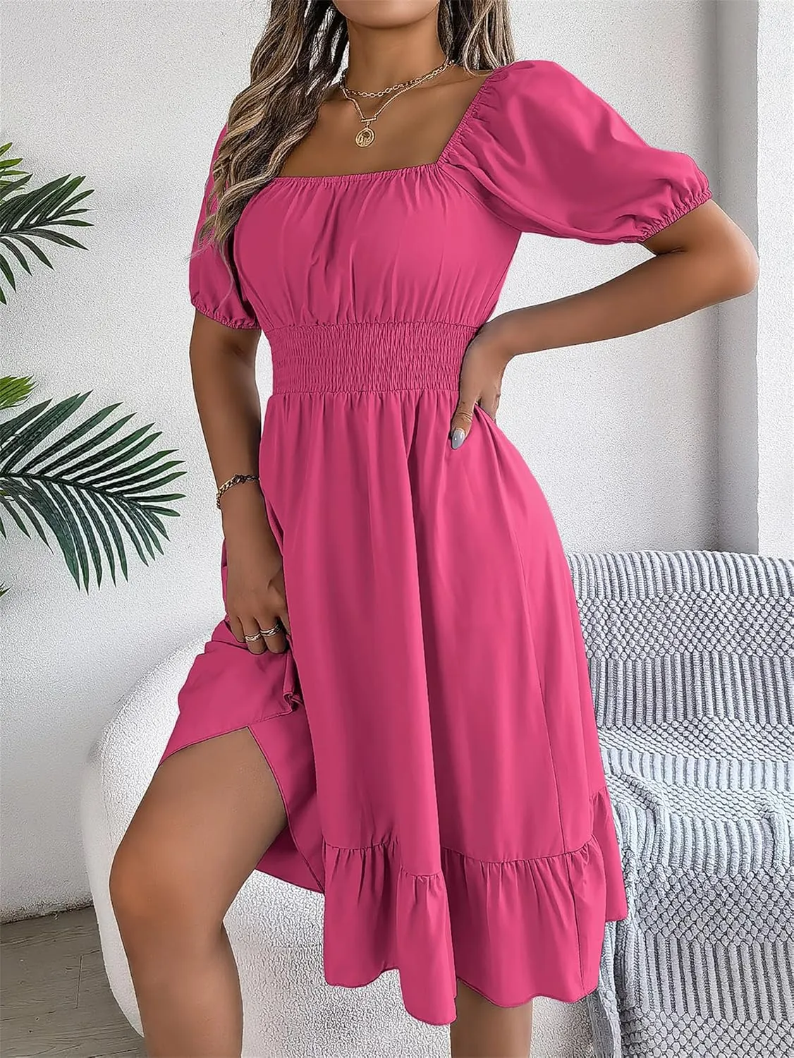 Women's Smocked Short Dress 2024 Casual Puff Short Sleeve Square Neck Ruffle Hem Midi Dress Beach Sundresses for Women