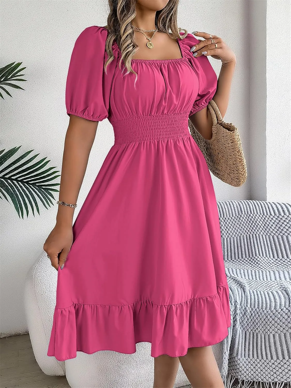 Women's Smocked Short Dress 2024 Casual Puff Short Sleeve Square Neck Ruffle Hem Midi Dress Beach Sundresses for Women