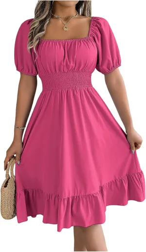 Women's Smocked Short Dress 2024 Casual Puff Short Sleeve Square Neck Ruffle Hem Midi Dress Beach Sundresses for Women
