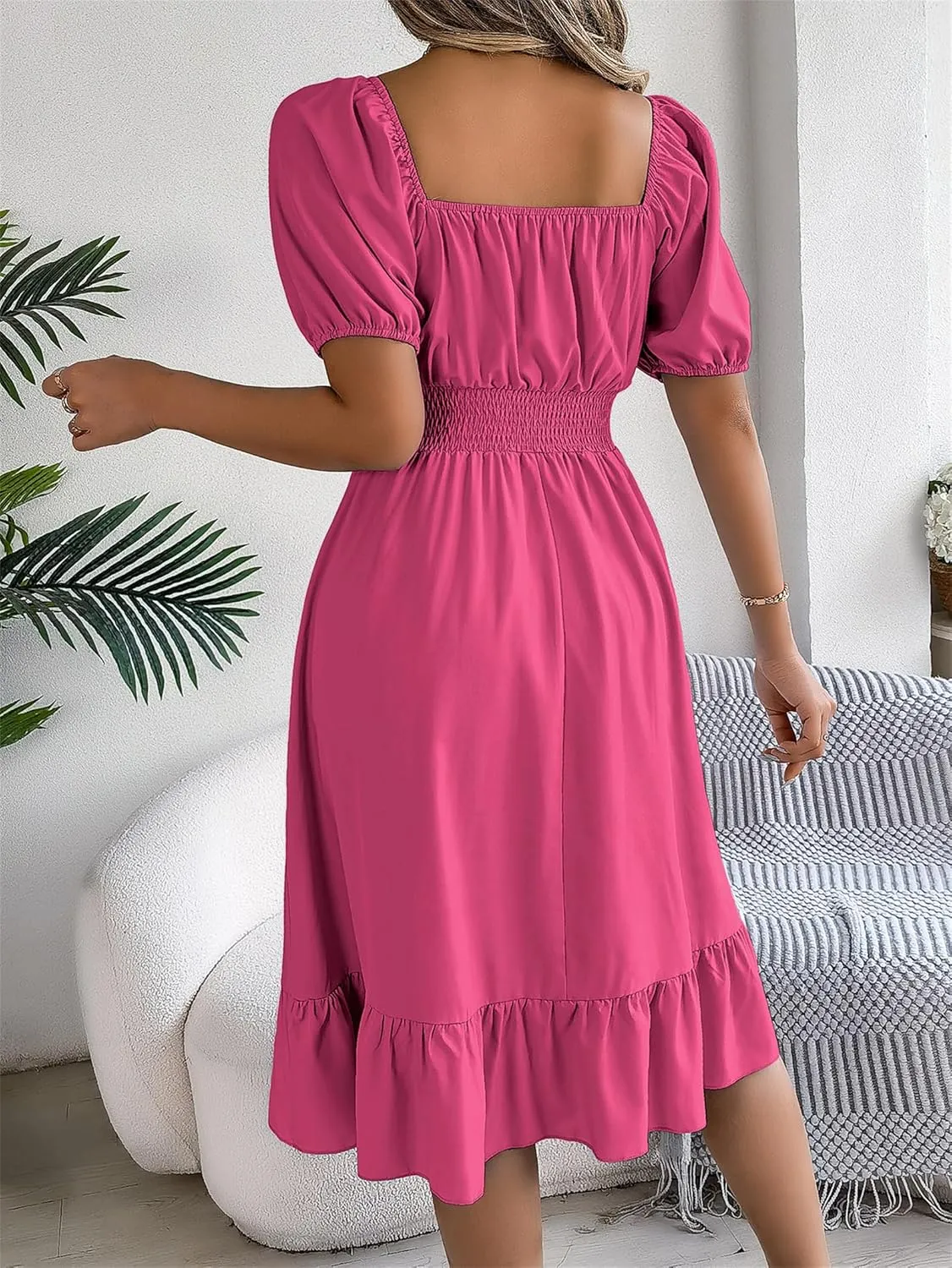 Women's Smocked Short Dress 2024 Casual Puff Short Sleeve Square Neck Ruffle Hem Midi Dress Beach Sundresses for Women