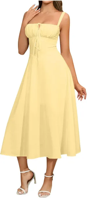 Womens Spaghetti Strap Summer Dress Tie Front Midi Dresses Flowy A Line Sundress Casual Beach Vacation Outfits