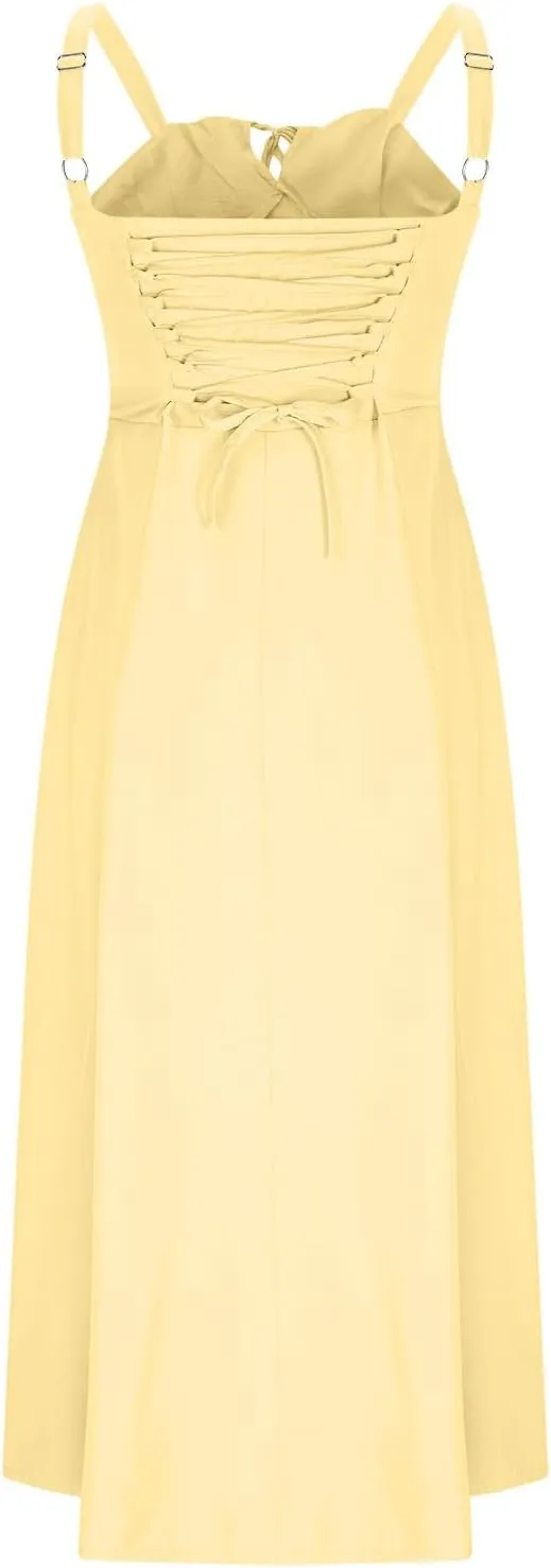 Womens Spaghetti Strap Summer Dress Tie Front Midi Dresses Flowy A Line Sundress Casual Beach Vacation Outfits