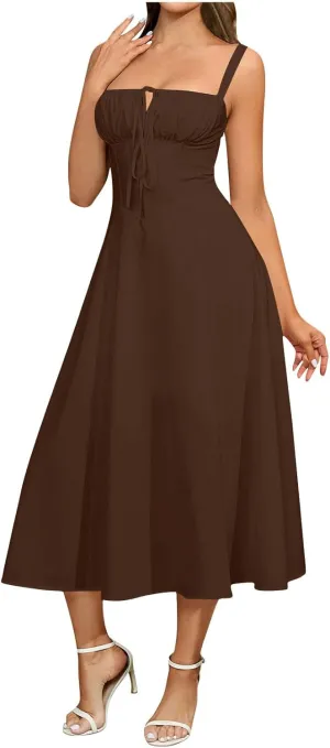 Womens Spaghetti Strap Summer Dress Tie Front Midi Dresses Flowy A Line Sundress Casual Beach Vacation Outfits