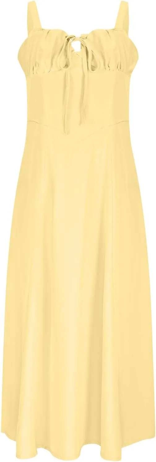 Womens Spaghetti Strap Summer Dress Tie Front Midi Dresses Flowy A Line Sundress Casual Beach Vacation Outfits