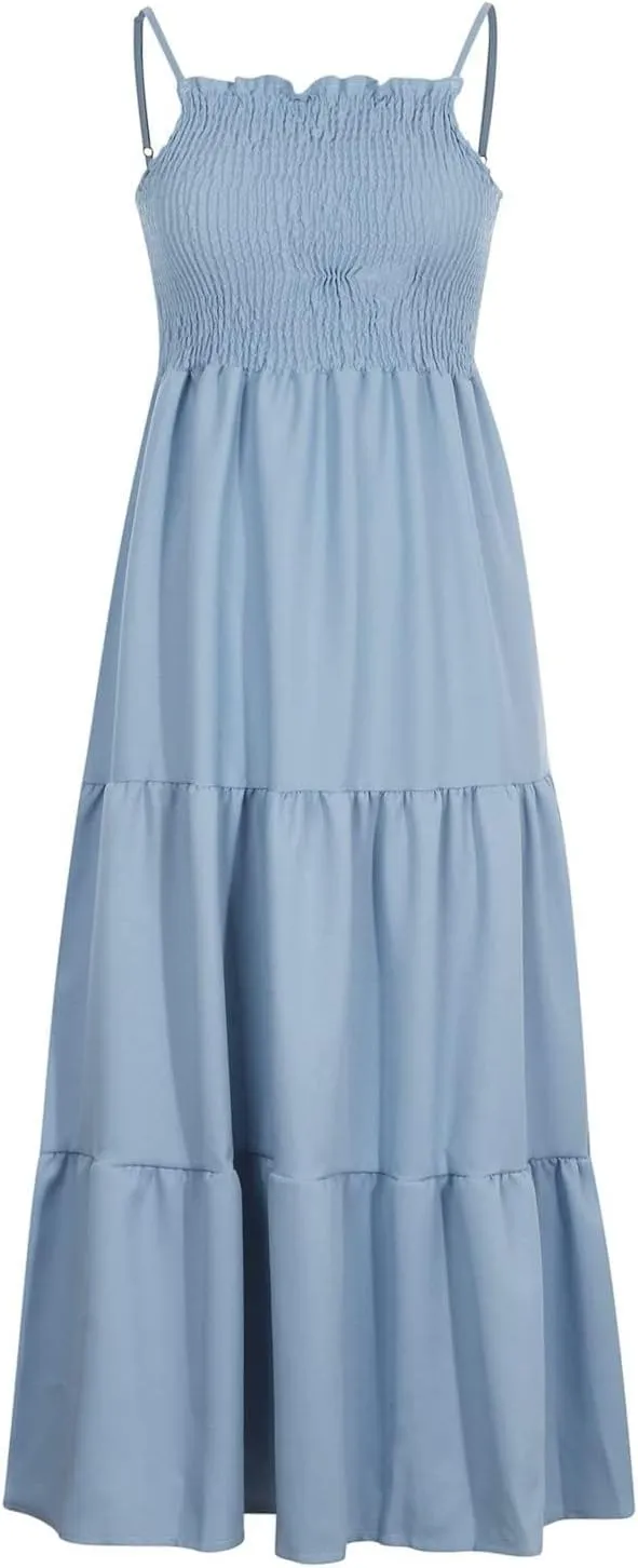 Women's Spring Dress Sleeveless Strapless Halter 2024 Casual Loose Solid Color Printed Maxi Dresses, S-3XL