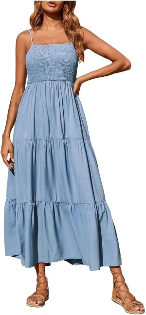 Women's Spring Dress Sleeveless Strapless Halter 2024 Casual Loose Solid Color Printed Maxi Dresses, S-3XL