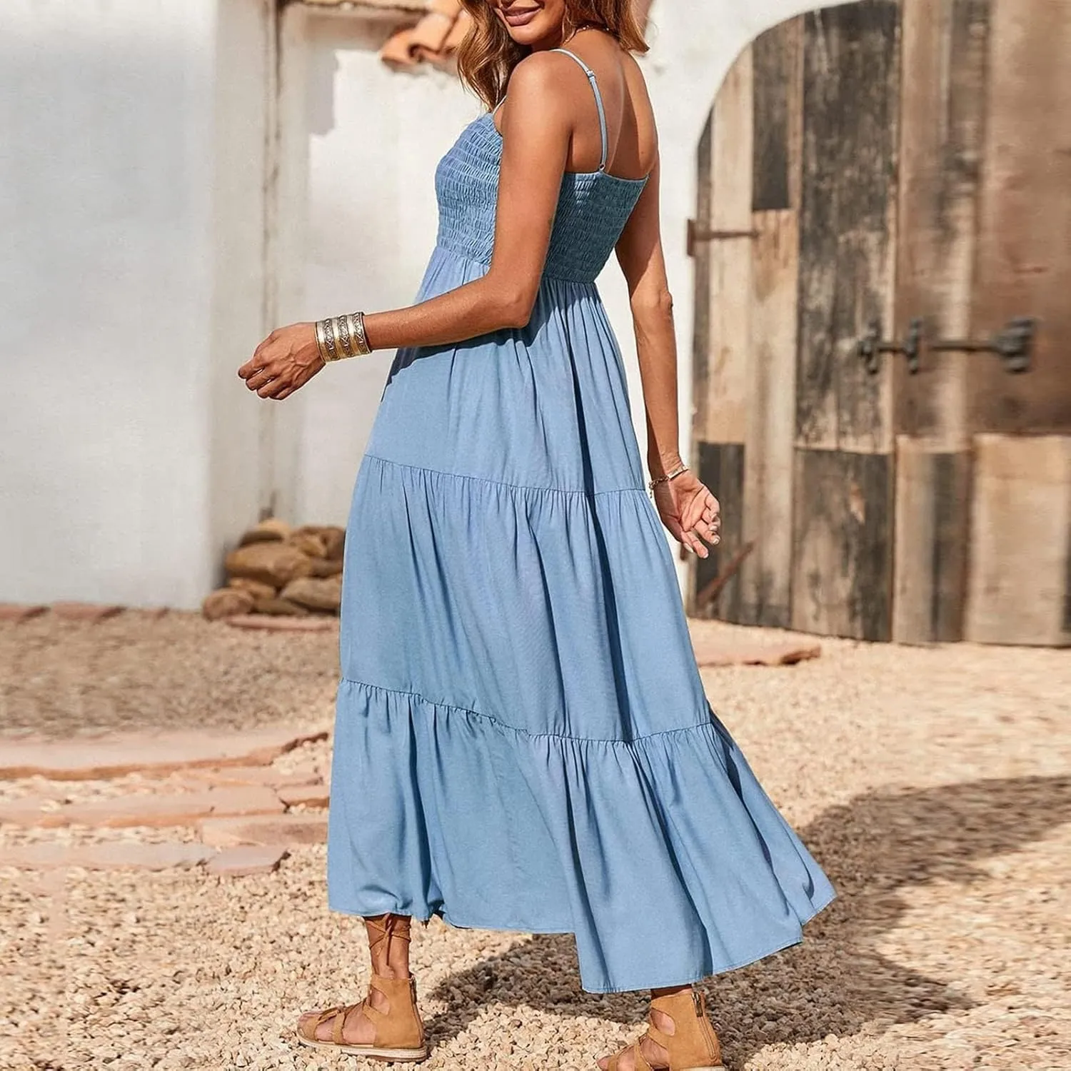 Women's Spring Dress Sleeveless Strapless Halter 2024 Casual Loose Solid Color Printed Maxi Dresses, S-3XL