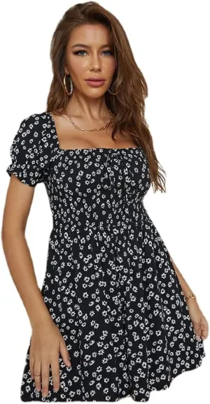 Women's Square Neck Short Sleeve Ruffle Flowy Mini Dress Floral Print Short A Line Dresses