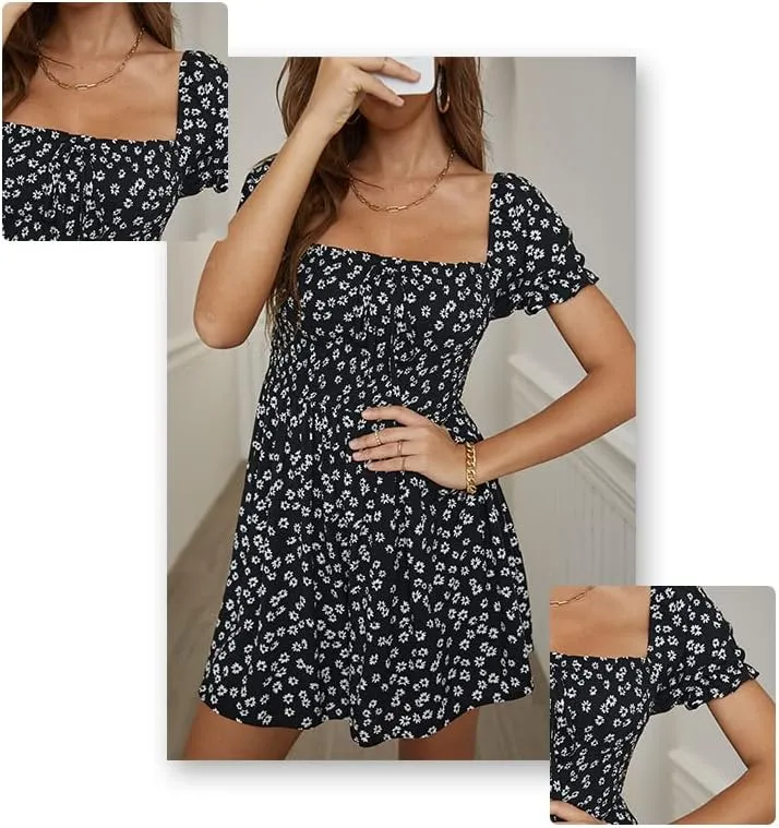 Women's Square Neck Short Sleeve Ruffle Flowy Mini Dress Floral Print Short A Line Dresses