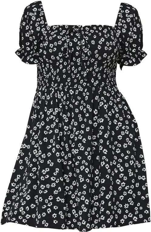 Women's Square Neck Short Sleeve Ruffle Flowy Mini Dress Floral Print Short A Line Dresses