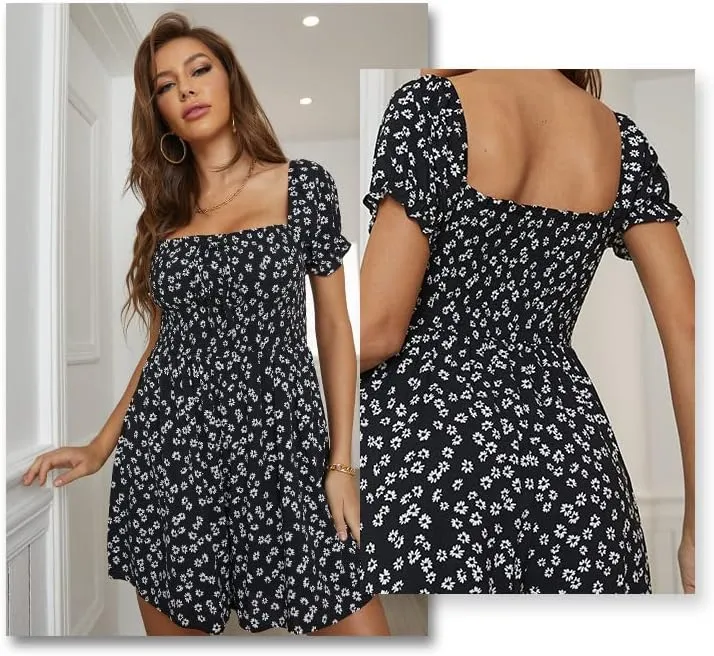 Women's Square Neck Short Sleeve Ruffle Flowy Mini Dress Floral Print Short A Line Dresses