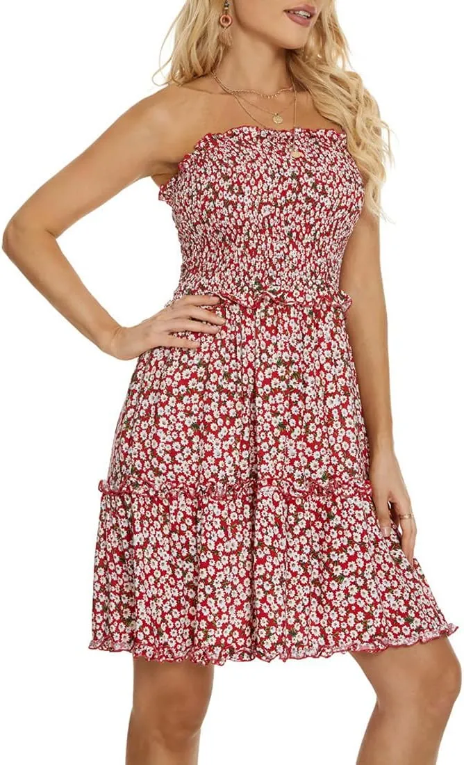 Womens Summer Beach Boho Ruffle Sleeveless Adjustable Straps Tube Top Mini Dress Ruffle Cover Up Dresses