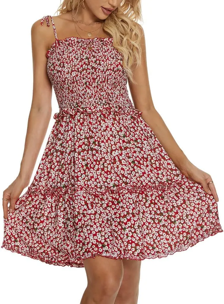 Womens Summer Beach Boho Ruffle Sleeveless Adjustable Straps Tube Top Mini Dress Ruffle Cover Up Dresses